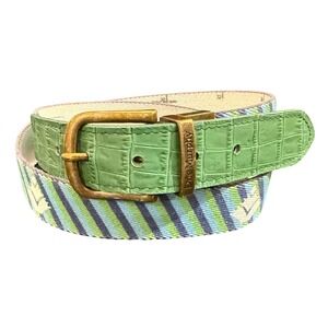 Doc Murphy Green/Blue Striped Canvas Belt Green Leather Trim Adjustable GUC